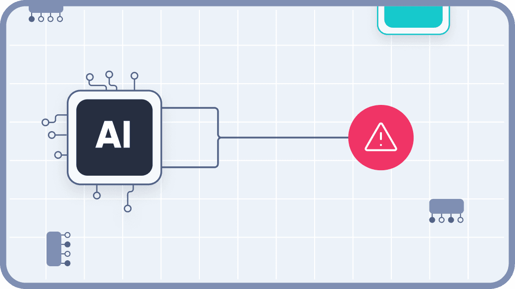 A graphic depicts a left side microchip representing AI, surrounded by a network of subtle connecting nodes, with a large red exclamation mark icons in them, symbolizing caution or a warning related to artificial intelligence technology.