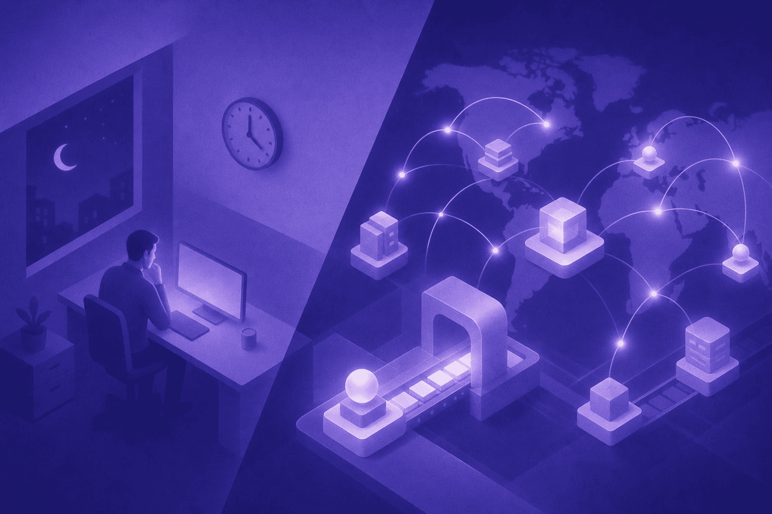 A split-screen visual comparison showing two contrasting work environments side by side: on the left, a single human professional at a desk with limited reach and a clock showing nighttime, representing coverage gaps; on the right, a glowing network of interconnected nodes and automated workflows spanning multiple time zones on a world map, representing AI operating continuously at scale. Blue and purple color scheme, dark professional background, modern business technology aesthetic, clean geometric shapes, no text or labels