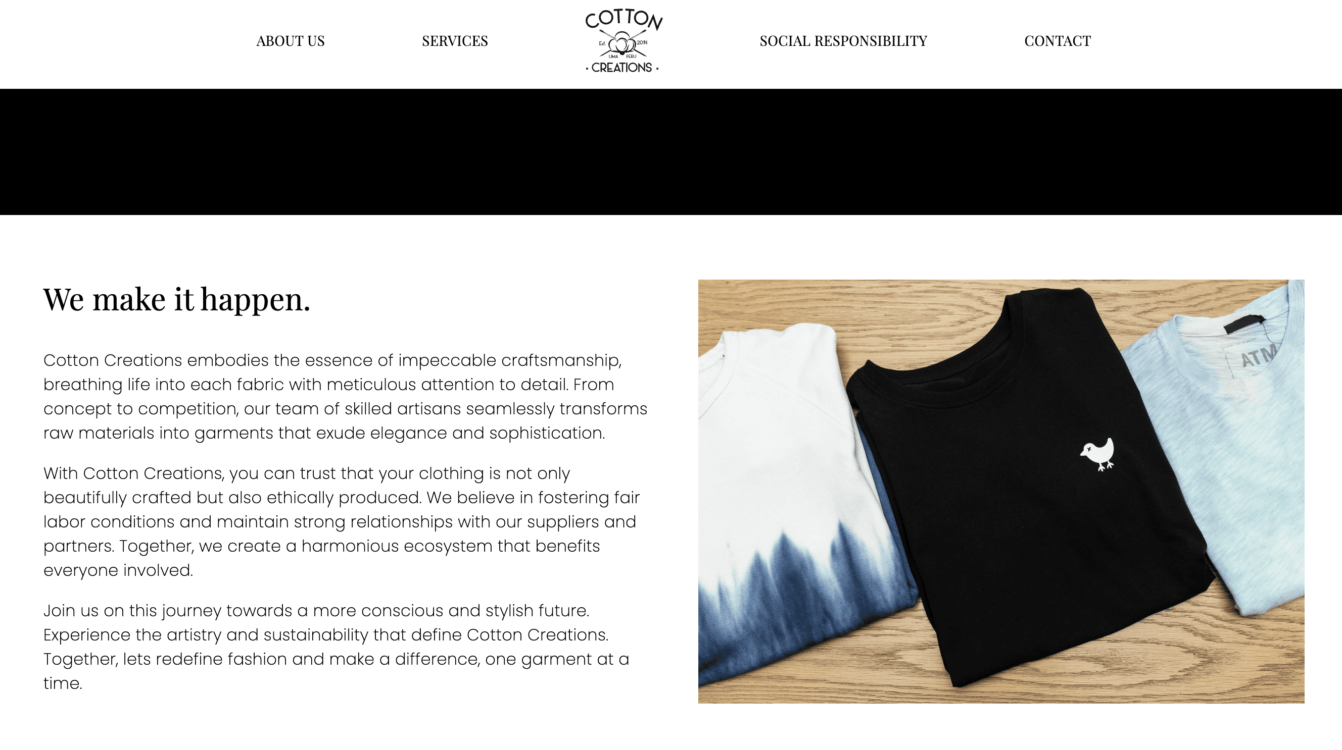 Screenshot of Cotton Creations website homepage, showcasing their dedication to craftsmanship with images of folded garments and a detailed company description.