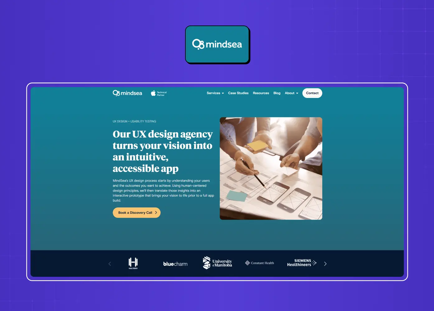 Mindsea agency homepage featuring a teal-themed hero section with team collaboration imagery and messaging about building intuitive digital products.