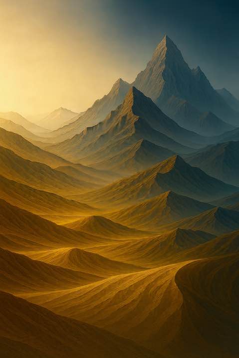 Sunlit mountain range with layered dunes — representing strength, perspective, and harmony within life’s journey.