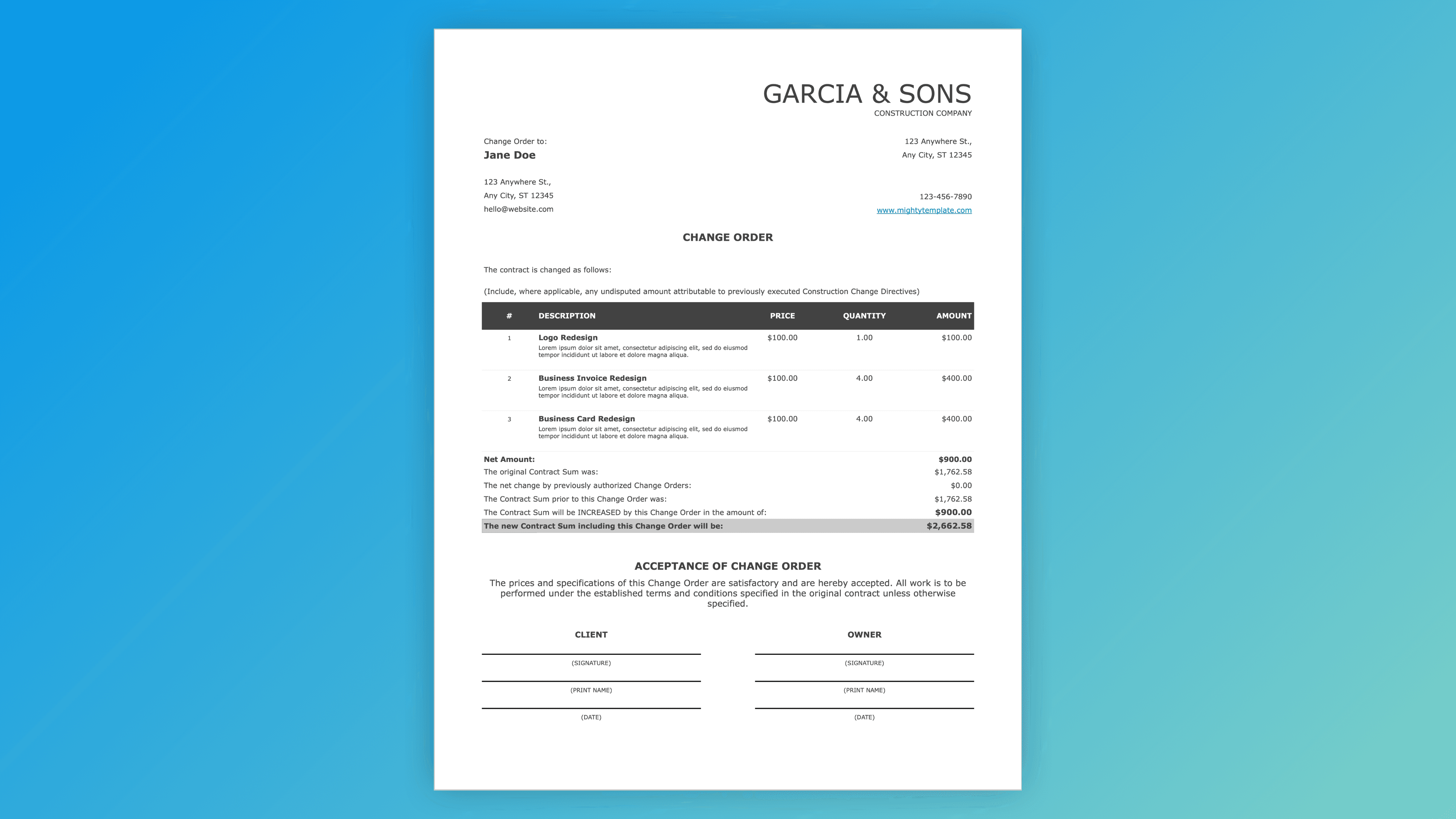 Change order template – description of changes, net amount, original contract sum, updated total, acceptance section, signature lines for owner and contractor, and date fields