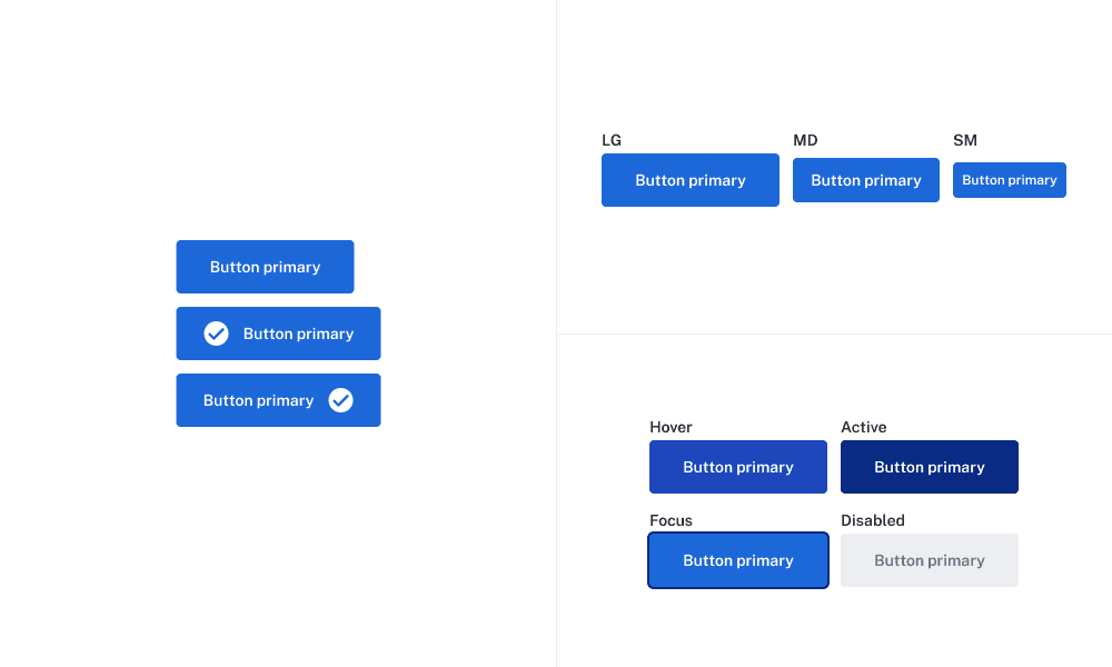 Estilo definido do botão primário, incluindo tamanhos (pequeno, médio e grande) e estados como hover, ativo, foco e desativado.