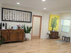 This space resembles a calm, professionally decorated room featuring a traditional wooden sideboard topped with a potted plant.