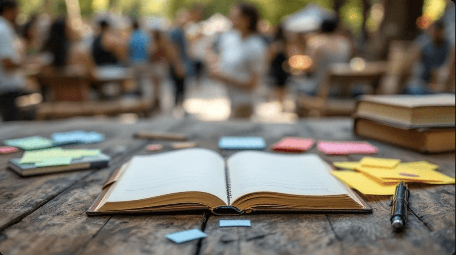 Open notebook with colorful sticky notes and a pen on a rustic wooden table, set in an outdoor environment with blurred people and activity in the background