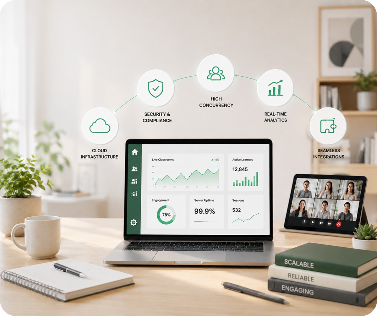 A virtual learning dashboard showing 12,845 active learners and  99.9% uptime, with key infrastructure requirements labeled:  cloud infrastructure, high concurrency, security, and real-time analytics
