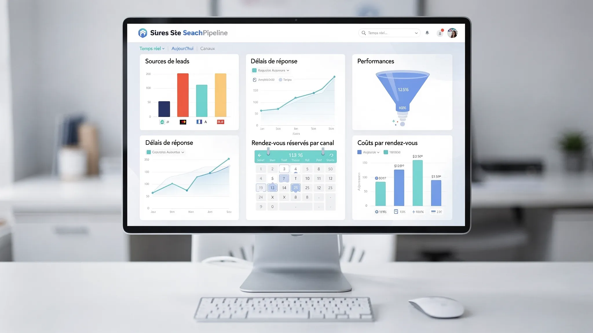 Vue d’un tableau de bord de pipeline en temps réel affichant sources de leads, délais de réponse, rendez vous réservés par canal et coûts par rendez vous. L’écran d’ordinateur est orienté correctement et présente uniquement des graphiques clairs sans contenus derrière l’écran.