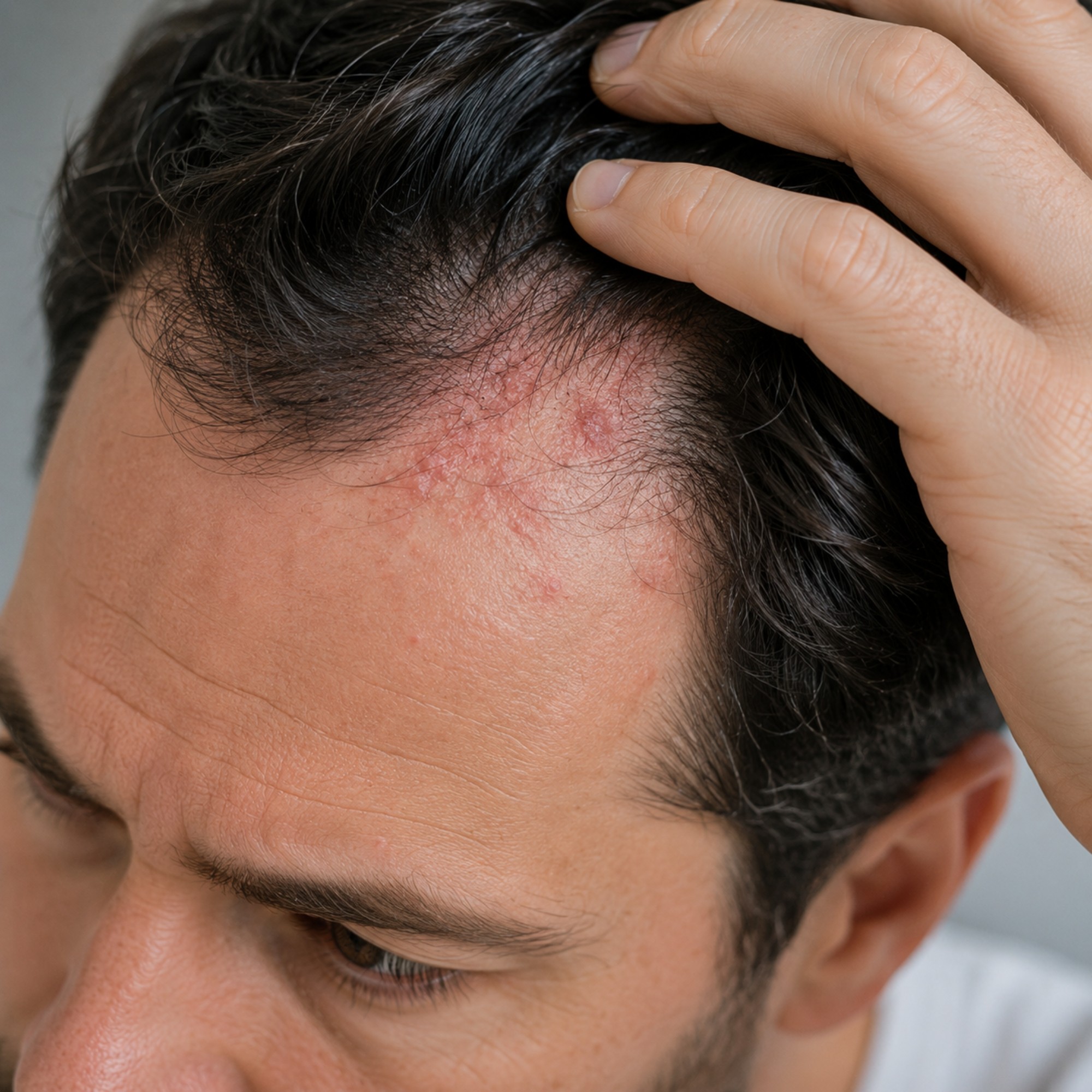 Roodheid en irritatie van de hoofdhuid bij een man met haarverlies.