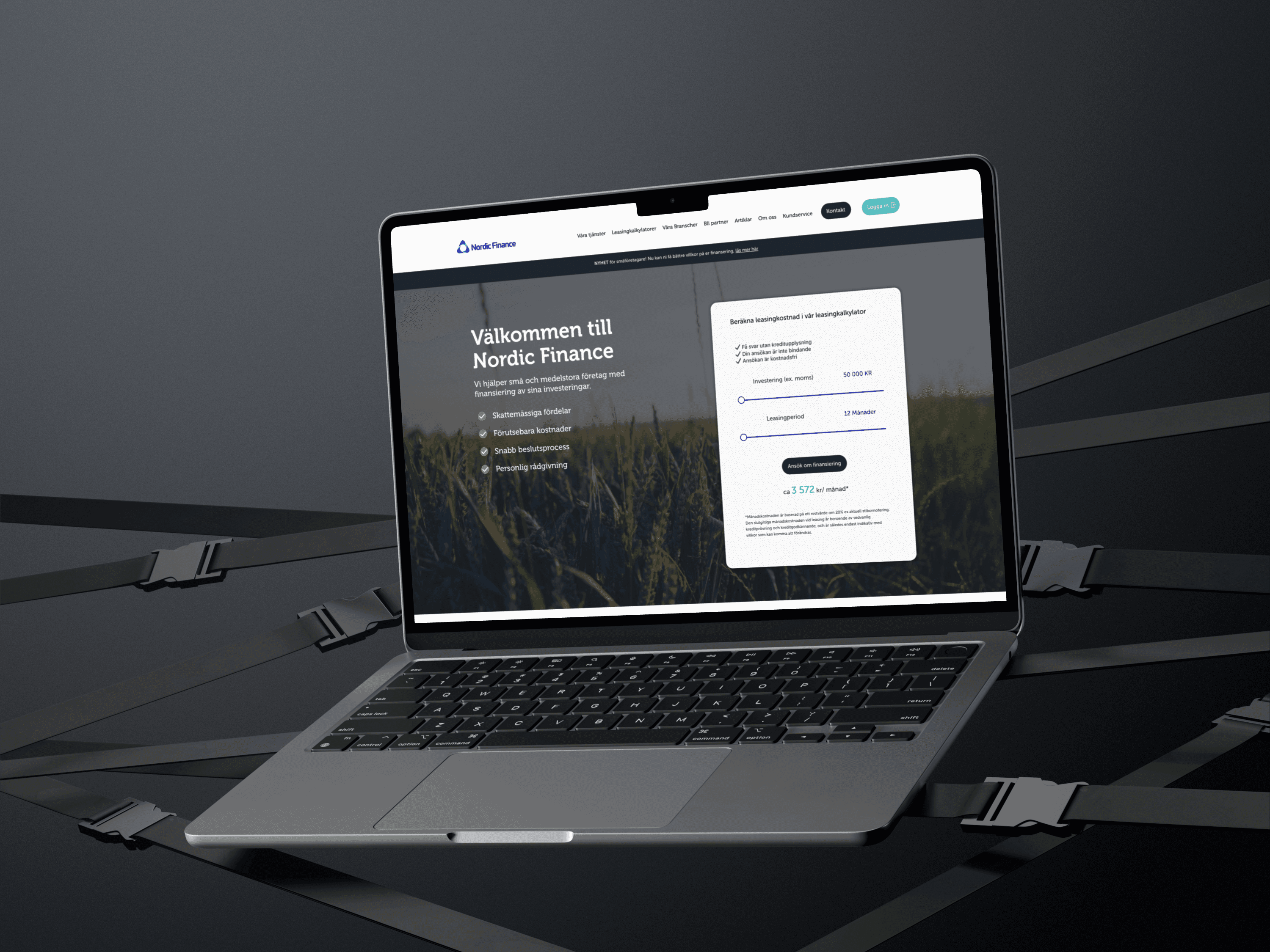 Homepage of Nordic Finance showing a lead-generation calculator integrated with Salesforce, key benefits of financing and leasing, and a campaign banner linking to a dedicated landing page.