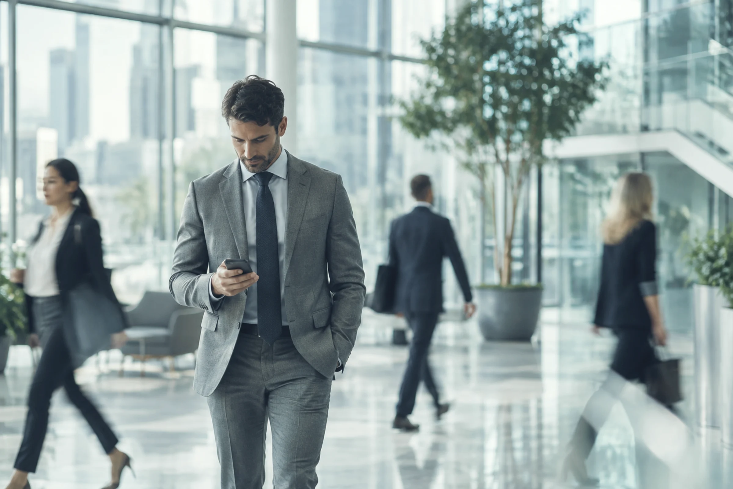 People walking through a bright glass office atrium