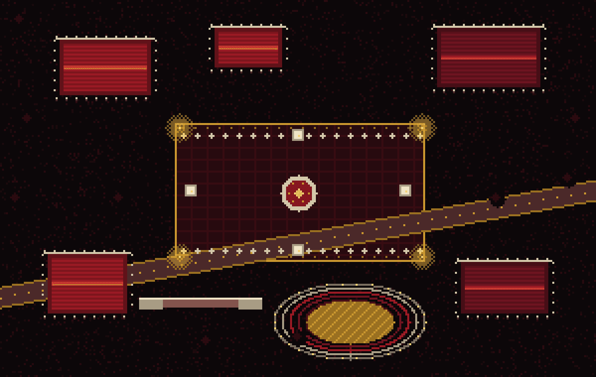 A pixel-art plan of a Roman forum with temples, an amphitheatre and a road.