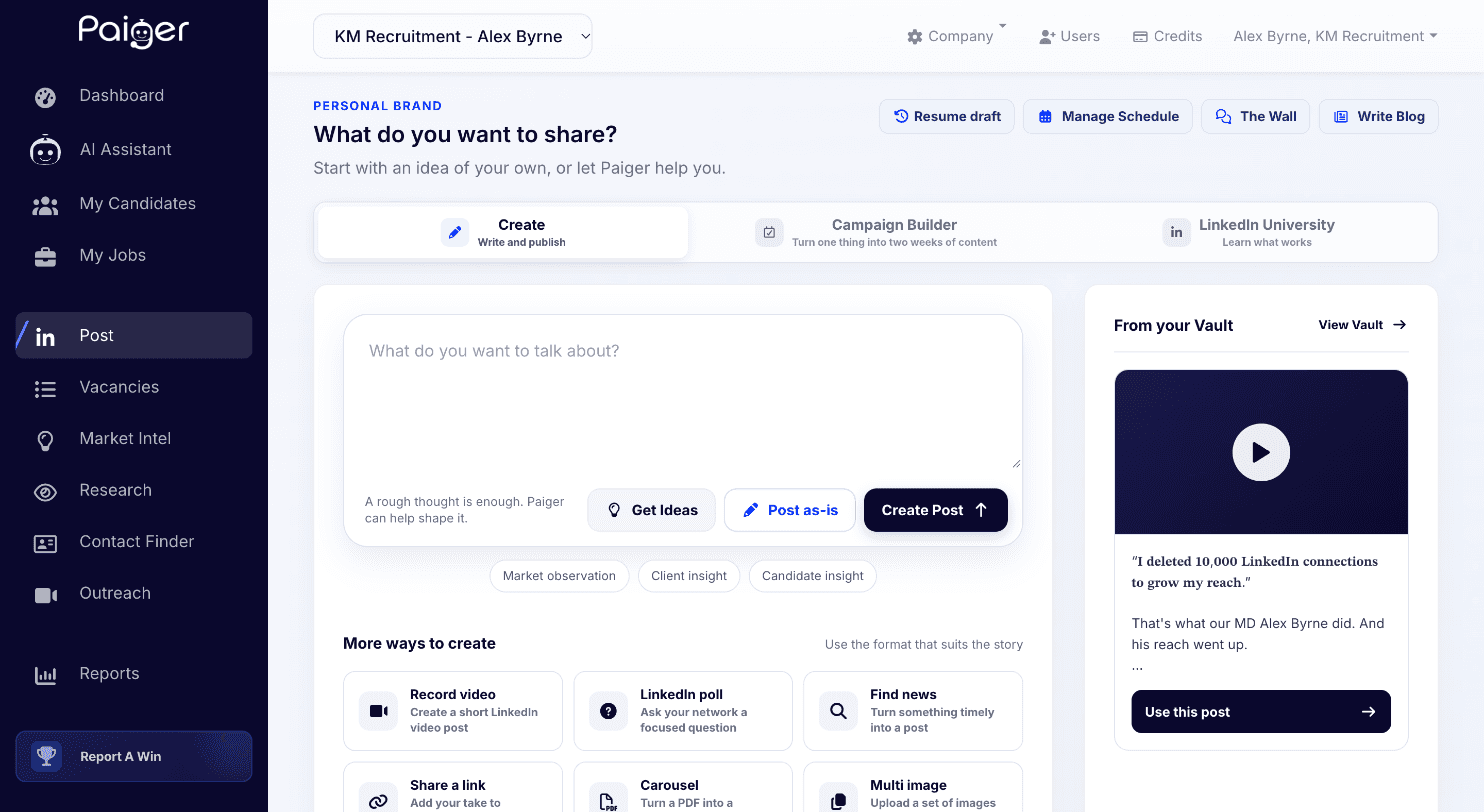 Starting a personal brand post in Paiger