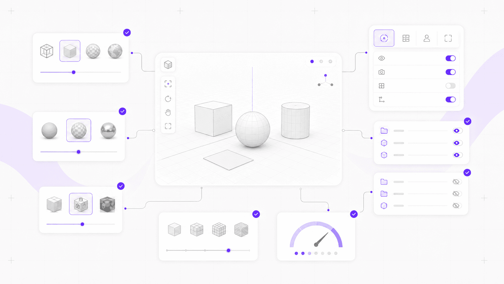 Blender viewport performance control system with solid view, material preview, overlays, visible and hidden collections, density controls, and performance indicators.
