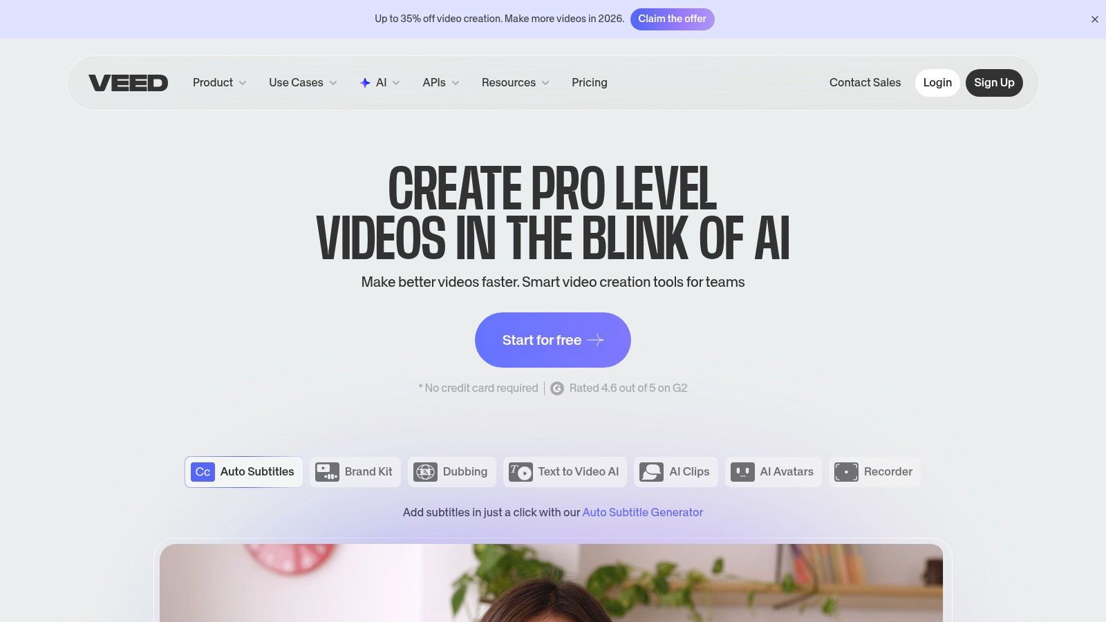 VEED's user interface showcasing its AI-powered video editing and subtitle generation tools.