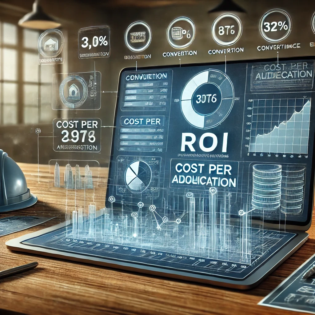 Représentation visuelle du suivi et de l'optimisation du ROI pour une campagne publicitaire BTP.