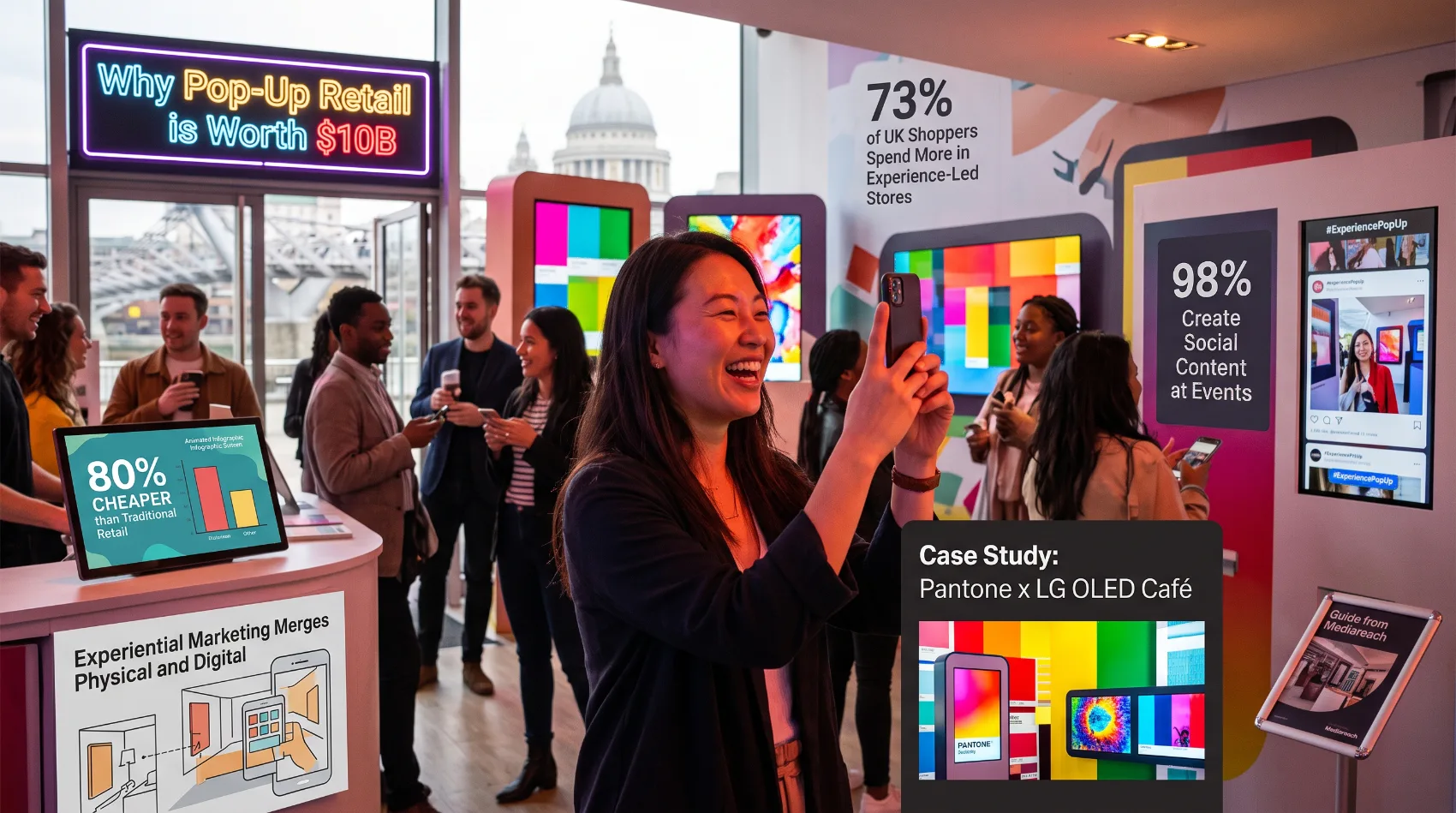 Woman photographing experiential pop-up retail store showing 73 percent spend more and 98 percent create social content stats