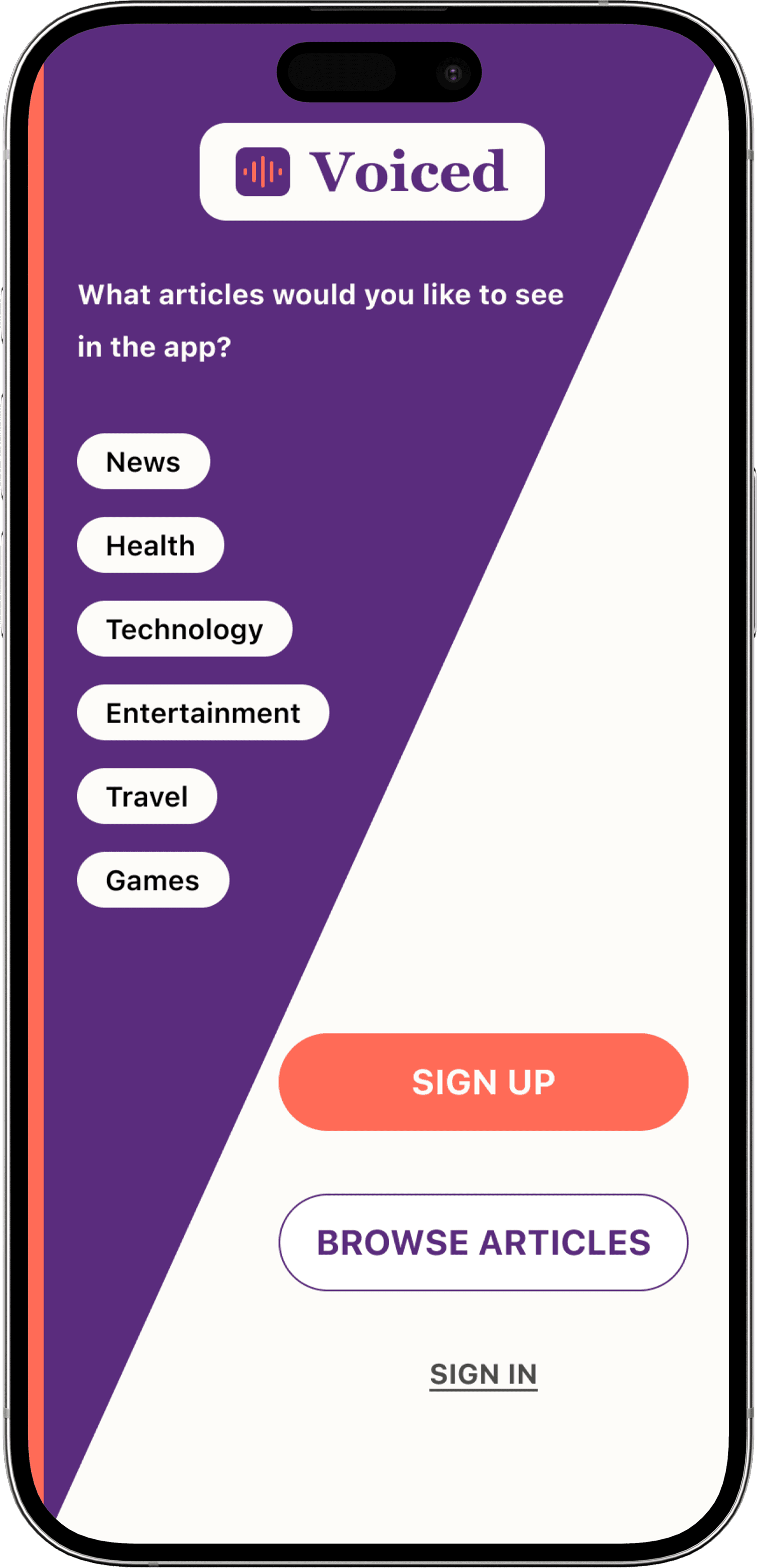 Voiced app welcome screen