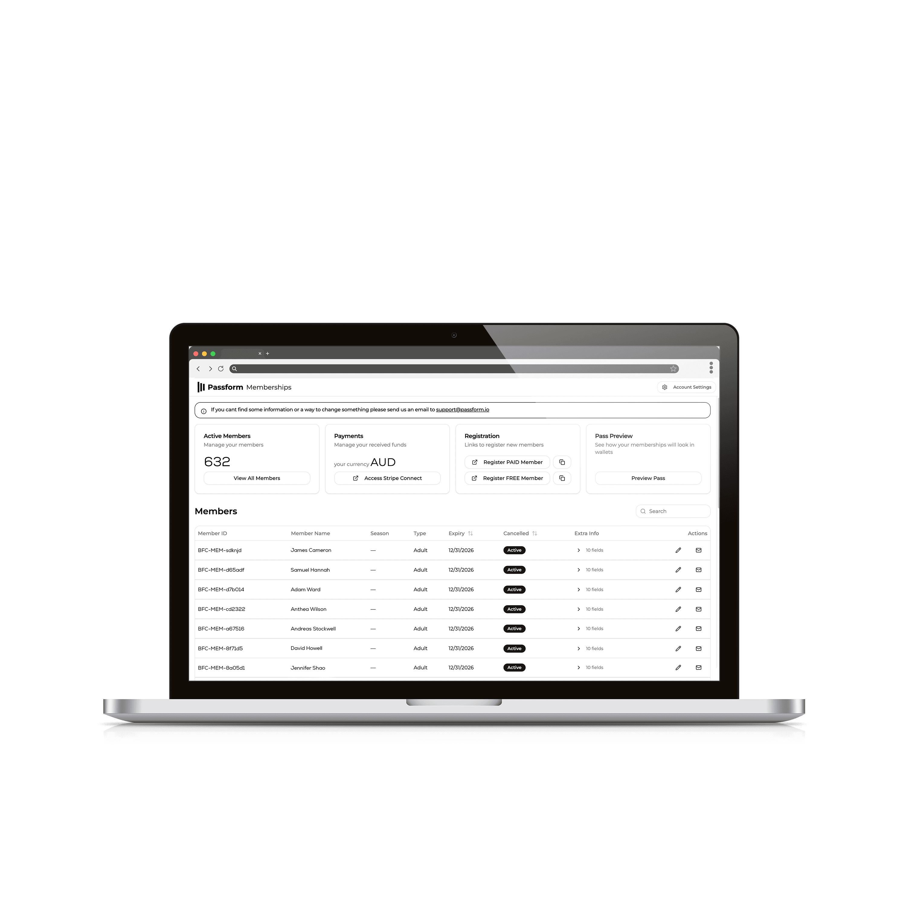 Passform Memberships Dashboard on a laptop