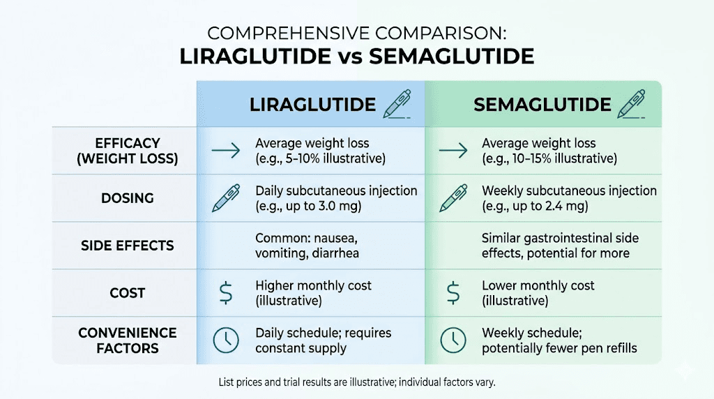Complete liraglutide vs semaglutide comparison summary table