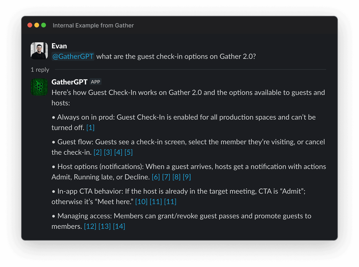 Example question and answer about Gather product features.