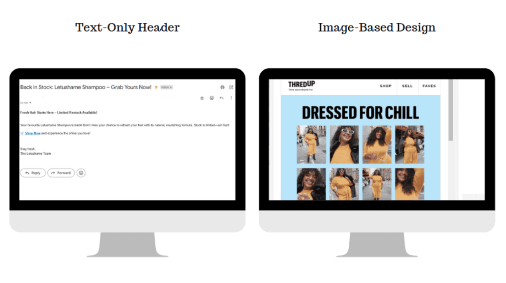 Text Only vs Image Based.png: Side-by-side display comparing a text-only email header against an image-based email design, illustrating design impact on engagement.