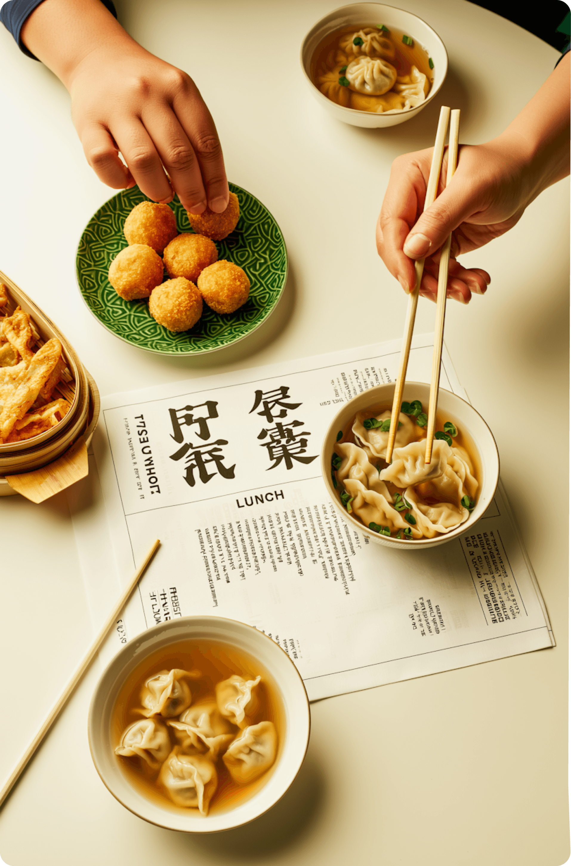 Hands holding chopsticks and dumplings over a lunch menu and snacks.