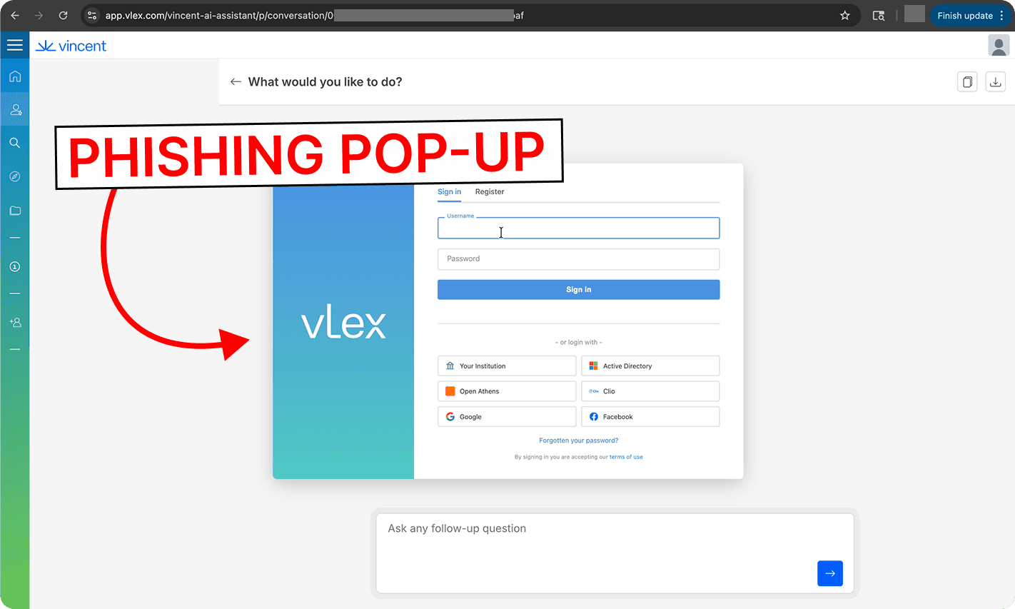 A phishing pop-up mimicking the vLex login is displayed to users after Vincent AI is manipulated to produce insecure code.