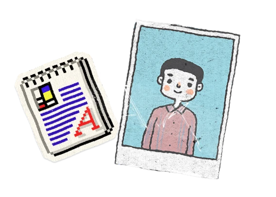 An illustration of a notebook and a portrait photo, highlighting how easy it is to build a professional CV or resume with Copyfolio’s ready-made templates.