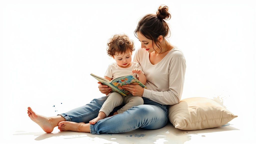 A loving mother and her toddler sit on a white floor, engrossed in reading a colorful children's book together.