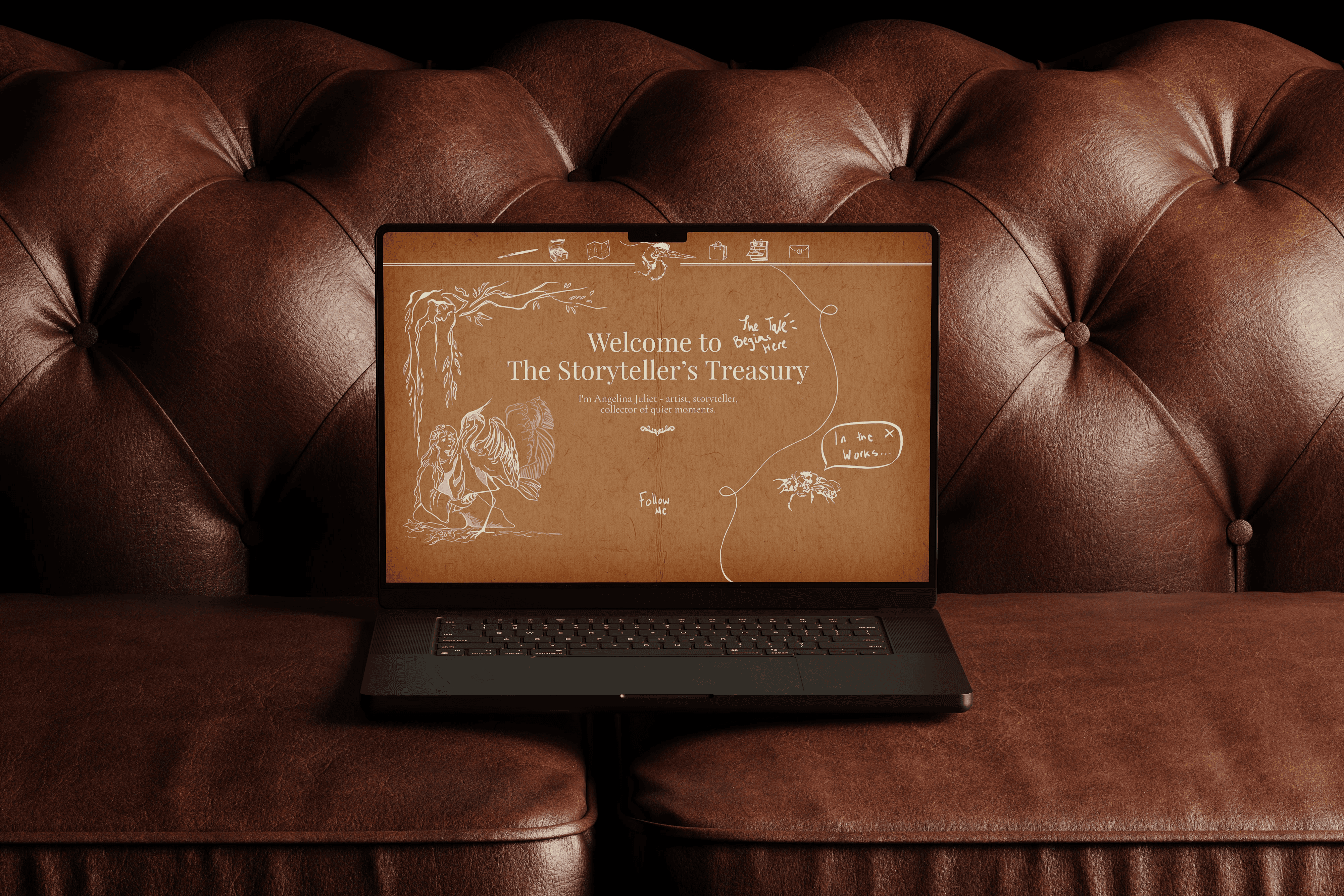 Open laptop on a leather couch.