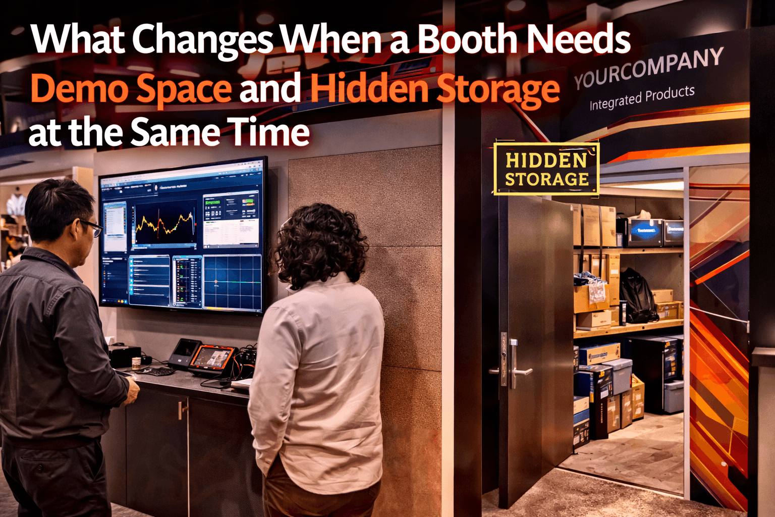 Trade show booth with a product demo area and concealed storage wall, showing hidden back-of-house space integrated into the visible layout