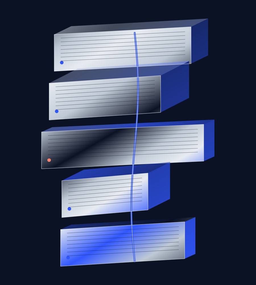 Five differently proportioned metal resonator boxes stack around an exposed continuous signal spine. Original cobalt and silver vector illustration on a dark ink field.