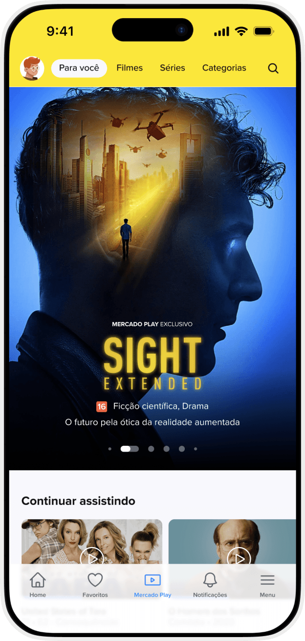 he image shows a smartphone screen displaying a streaming app interface. The top section features a highlighted movie titled 'Sight Extended,' categorized as a science fiction drama with a rating of 16. The tagline reads, 'The future through the lens of augmented reality.' Below this, there is a 'Continue Watching' section with thumbnails of various shows or movies. The bottom navigation bar includes icons for Home, Favorites, Mercado Play, Notifications, and Menu. The time on the phone is 9:41, and the phone has full signal and battery.