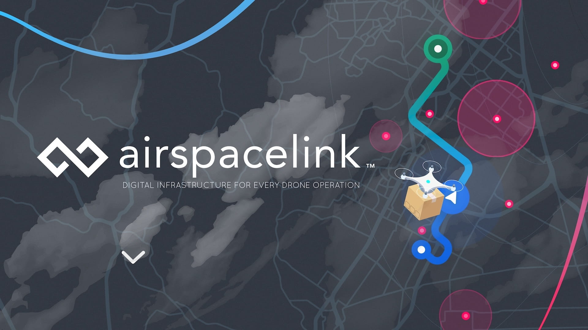 Airspace Link investor pitch deck cover slide featuring company logo with "Digital Infrastructure For Every Drone Operation" tagline, illustrated delivery drone carrying package along optimized flight path avoiding pink restricted airspace zones on dark topographic city map background