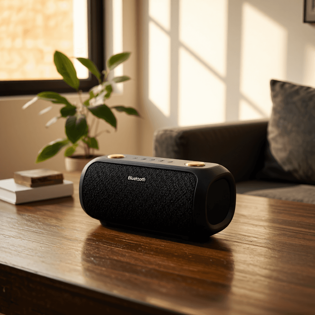 product photography of a portable Bluetooth speaker with a textured surface and control buttons on top