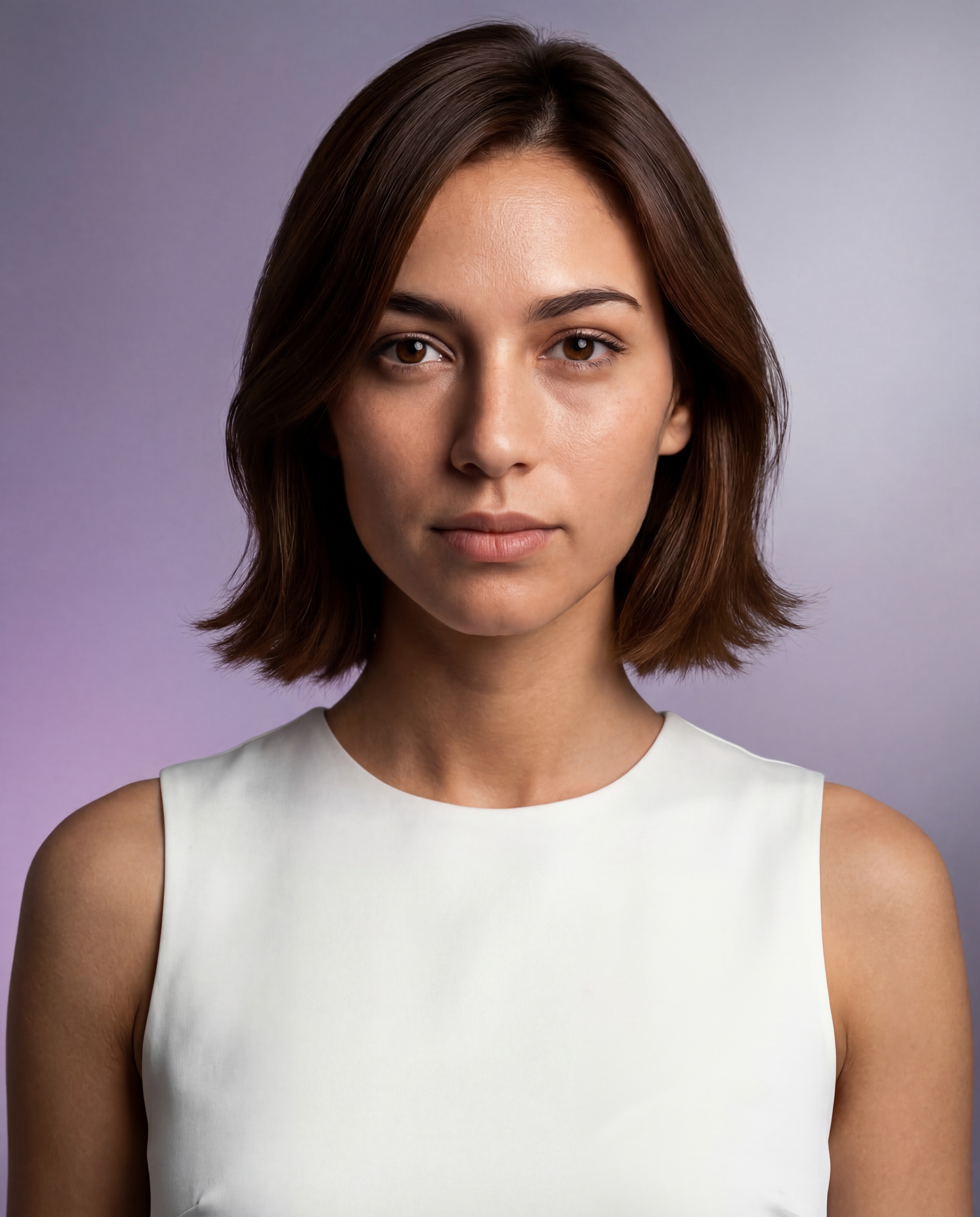 Elena Valenti AI model portrait, short brown hair, clean studio look, Gemzy AI jewelry studio