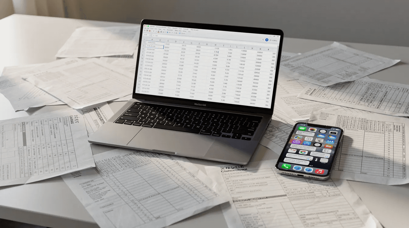 The image depicts a cluttered desk filled with paper forms, a laptop displaying a spreadsheet for gymnastics club management, and a mobile phone showing multiple message notifications. This chaotic scene highlights the challenges gymnastics club owners face in managing membership, attendance tracking, and communication efficiently.