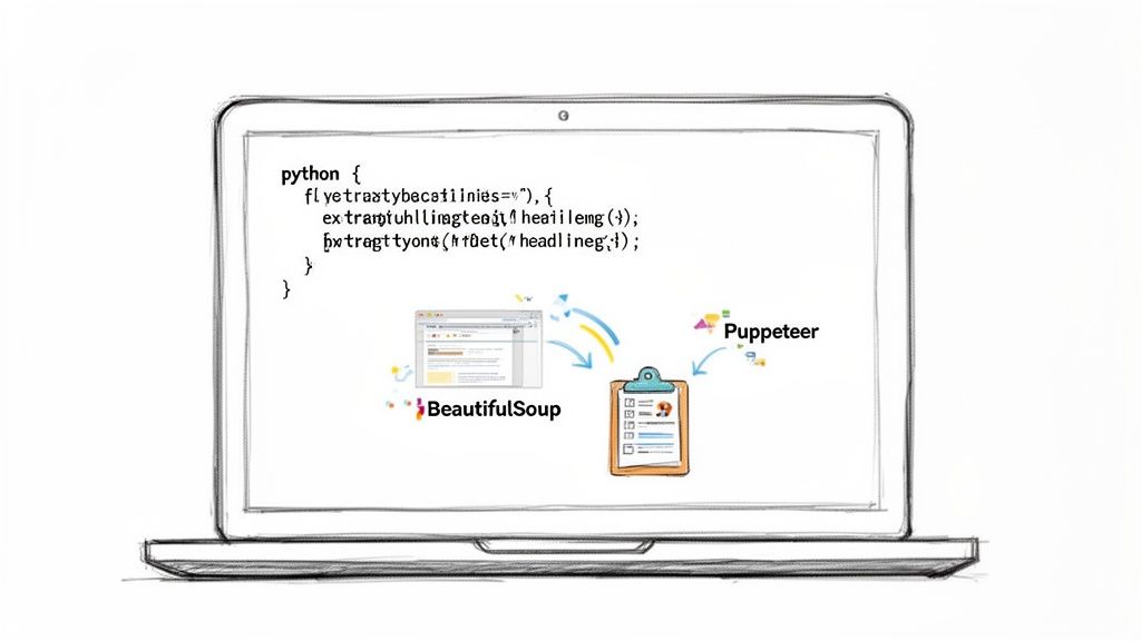 A laptop displaying Python code and a diagram illustrating web scraping with BeautifulSoup and Puppeteer to extract data.