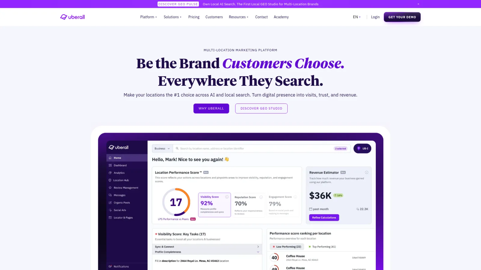 Uberall multi-location local SEO platform homepage