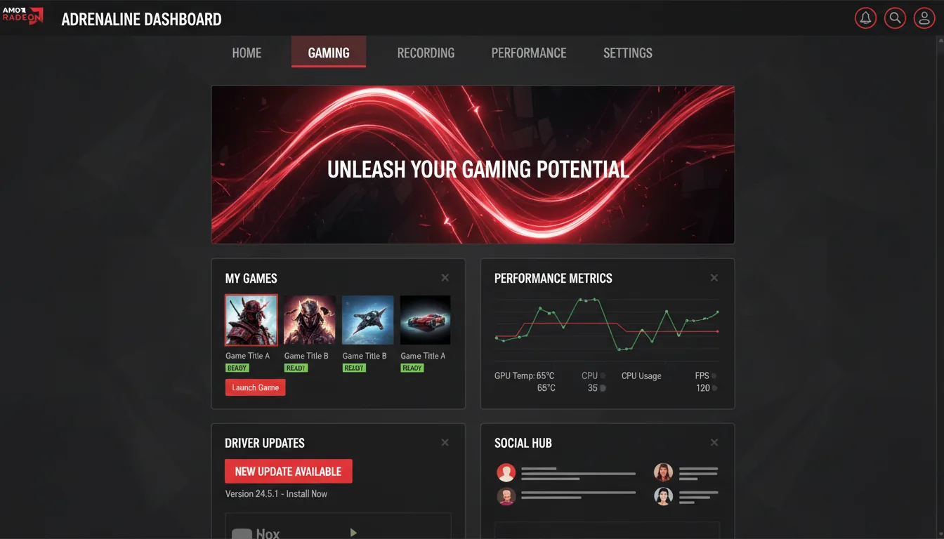 A screenshot of a gaming software dashboard UI, the AMD Software Adrenalin Edition, presented in a modern dark mode. The layout features a top navigation bar and a main grid of widgets on a dark charcoal background. The widgets display placeholder game icons, abstracted text lines, and placeholder performance data. A prominent central banner showcases an abstract graphic of flowing, glowing red light streaks. The interface uses a vibrant red accent color for highlights, buttons, and selected navigation items, contrasted with crisp white text and green status indicators.
