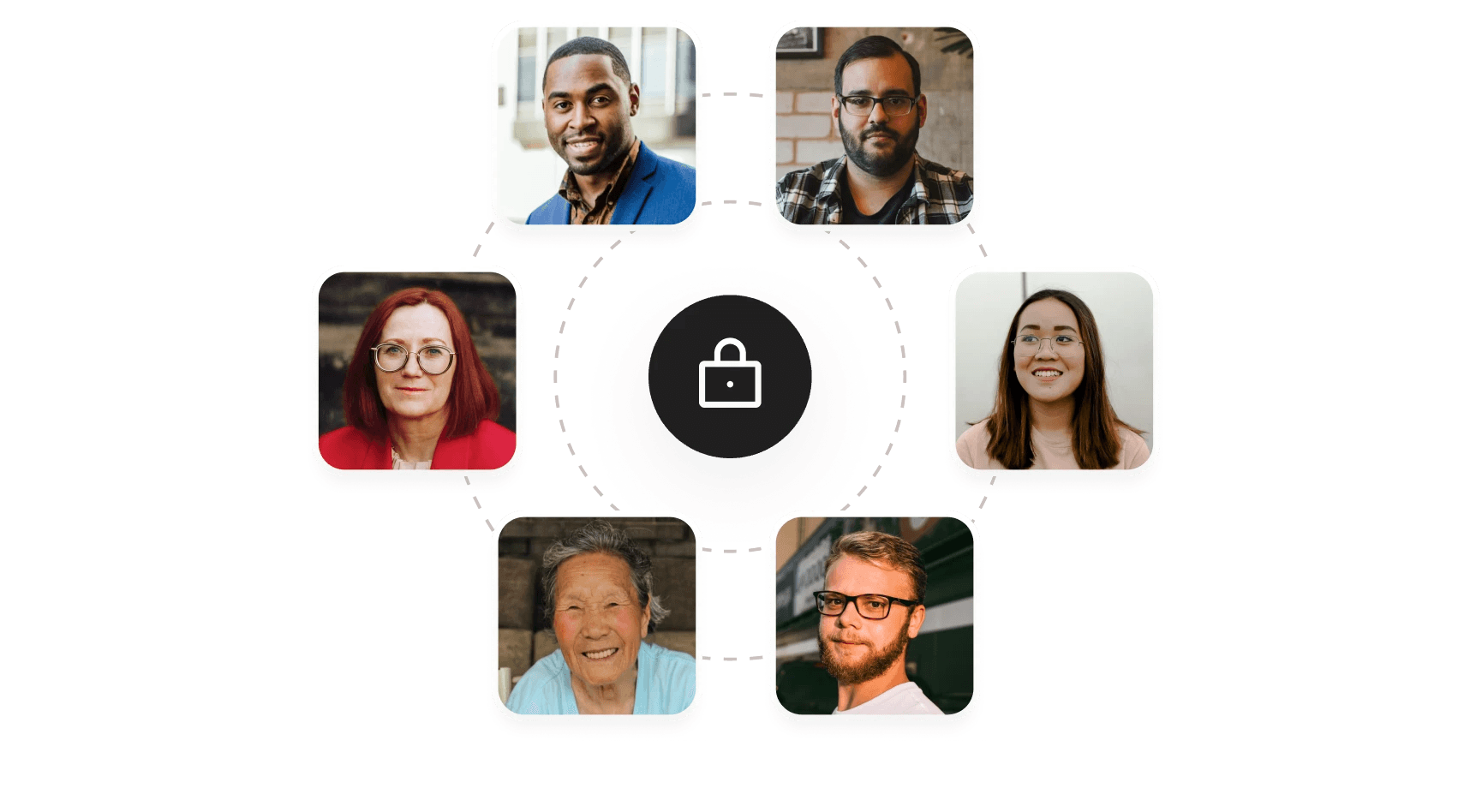 Illustration of a secure network connecting research participants with a central privacy lock icon
