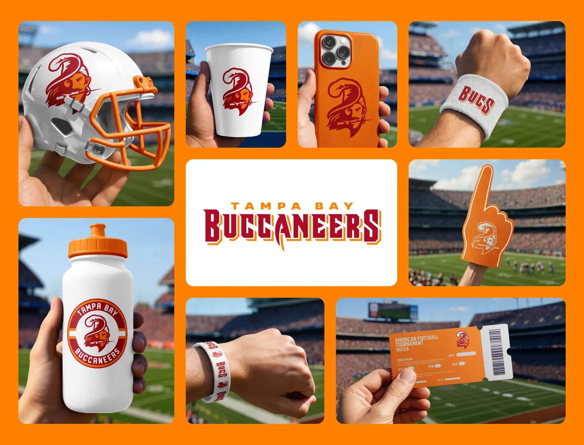 Collage of sports merchandise with a pirate logo, featuring a helmet, cup, phone case, wristband, water bottle, foam finger, and ticket in a stadium setting.