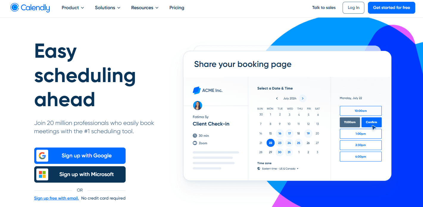 Calendly homepage showing a booking page interface for scheduling meetings, an example of frictionless product onboarding