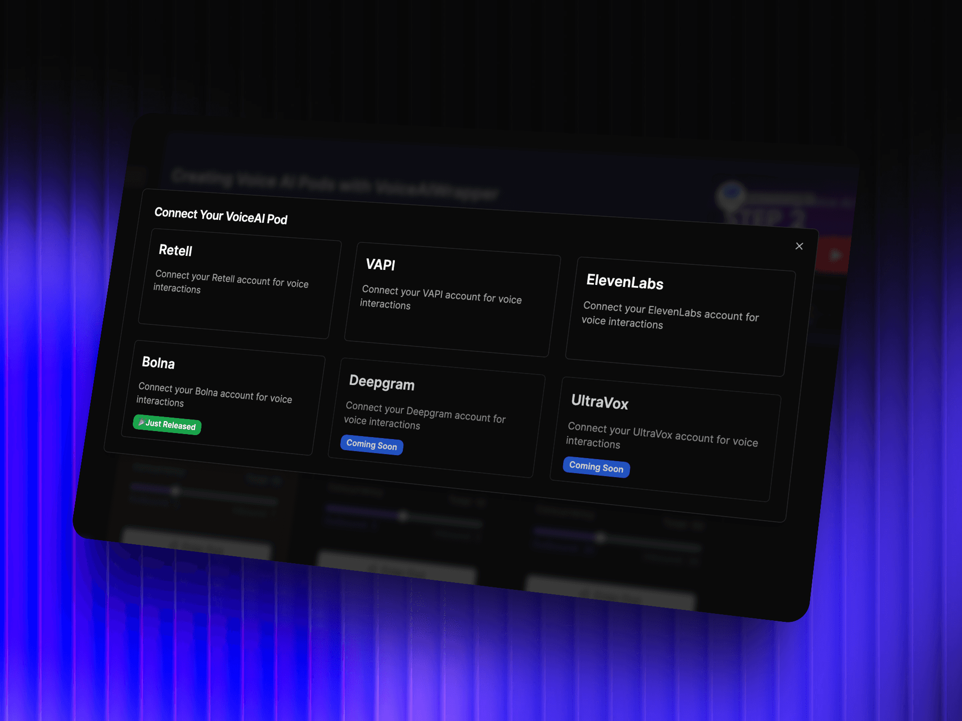 AI answering service integrate with multiple providers and systems VoiceAIWrapper - VoiceAI Pod connection interface showing Retell, VAPI, ElevenLabs, Bolna, Deepgram, and UltraVox voice AI provider integrations for multi-platform automated phone answering with flexible voice technology options | VoiceAIWrapper