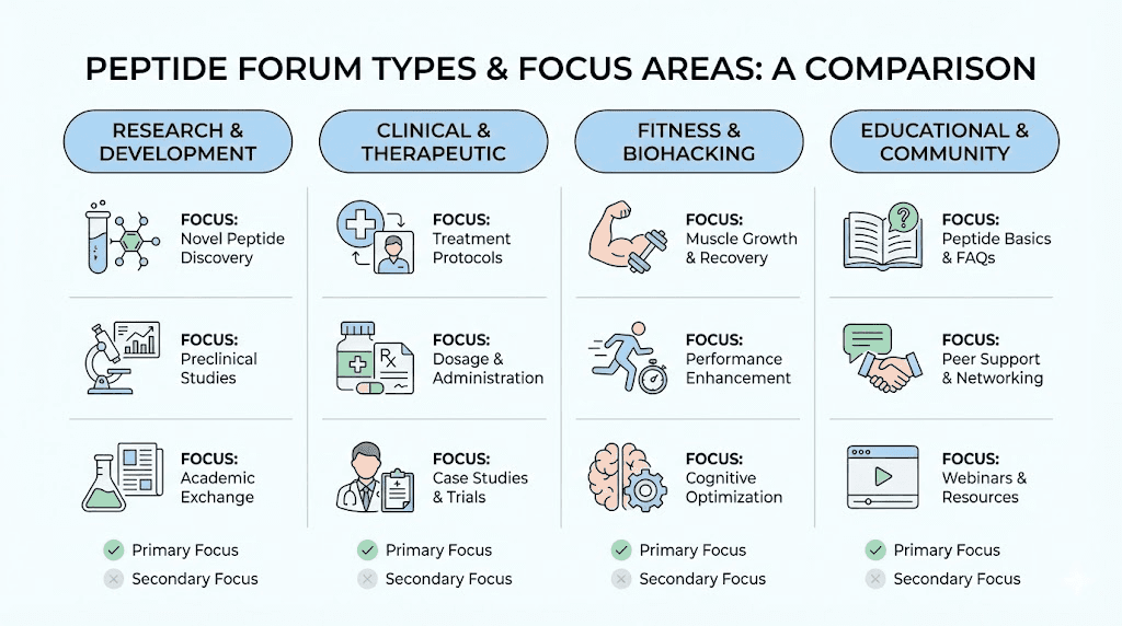 Types of peptide forums comparison showing scientific vs practical community focus