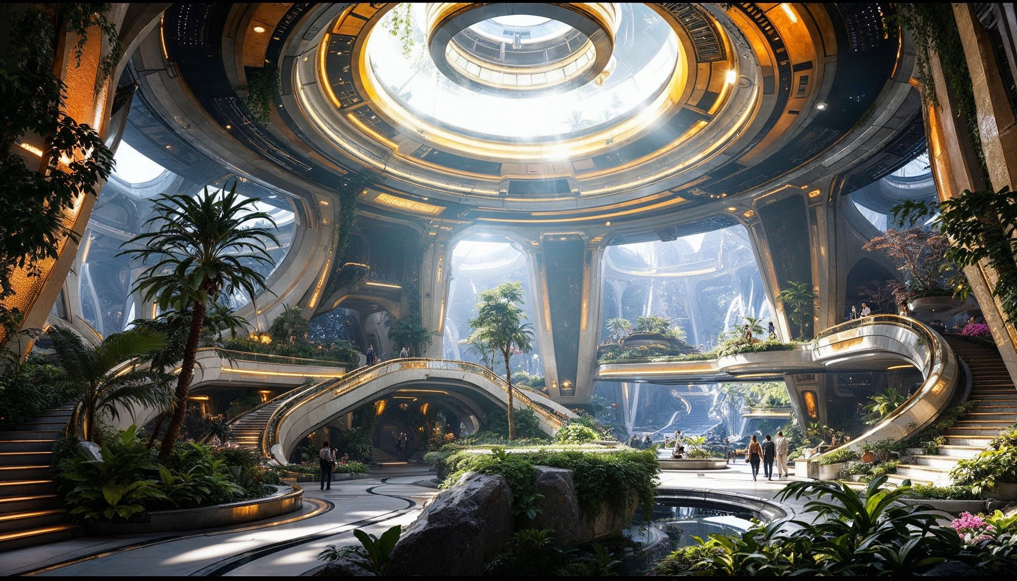 Futuristic indoor space with lush greenery, large circular skylights, and intricate architecture. Multiple levels connected by curved staircases, with people exploring the vibrant, plant-filled environment. Sunlight filters through the ceiling.