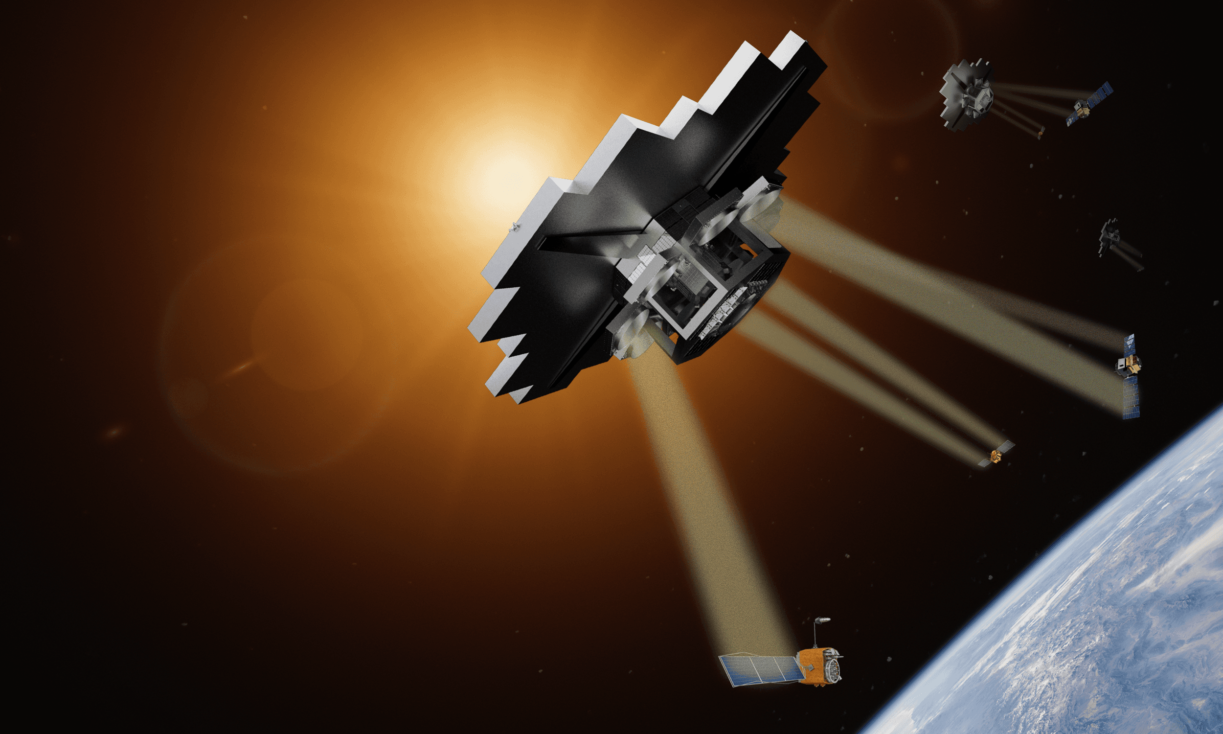 Star Catcher Network Power Nodes beaming power to satellites