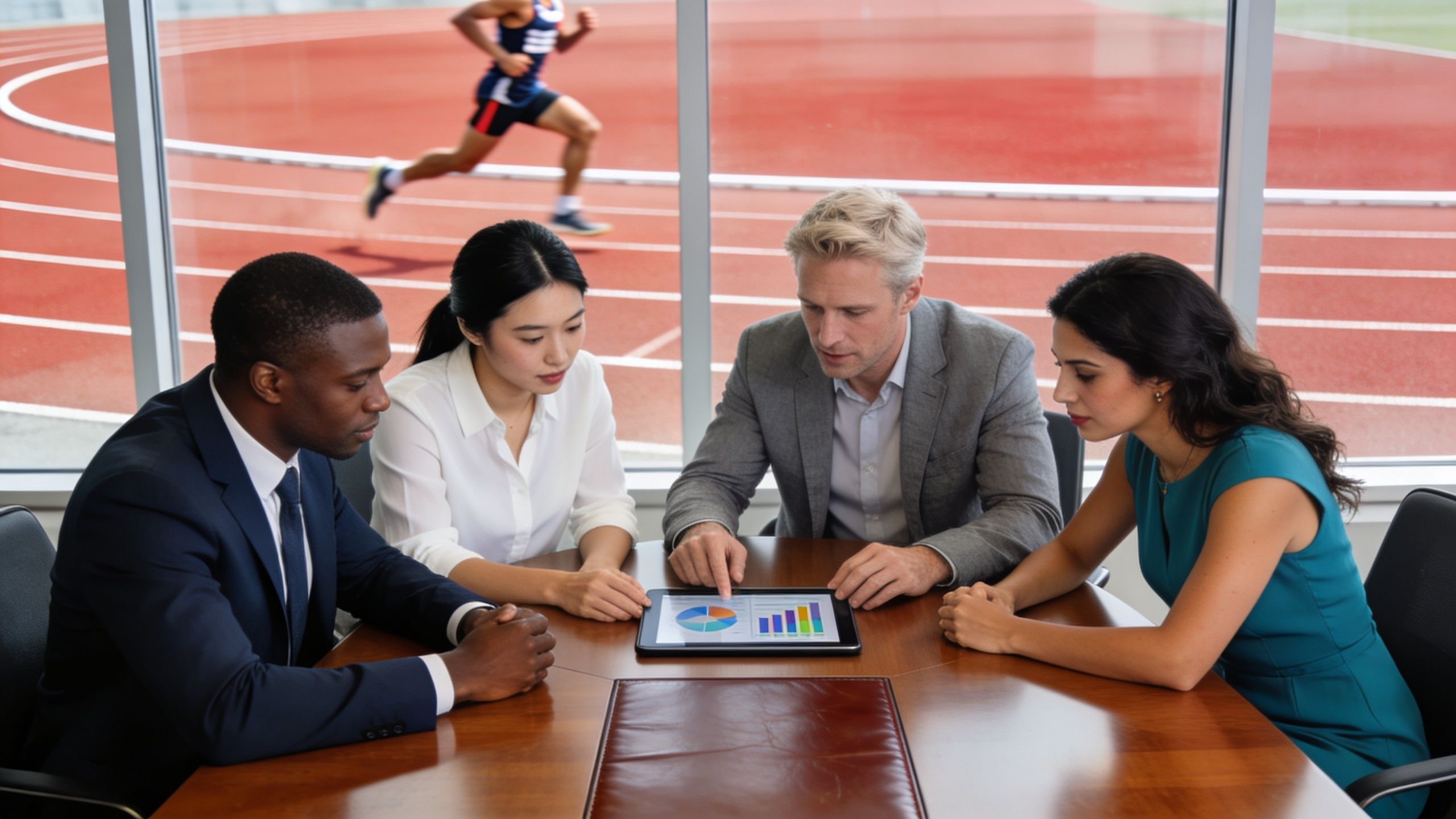 A diverse business team sitting around a conference table analyzing data charts on a digital tablet together.