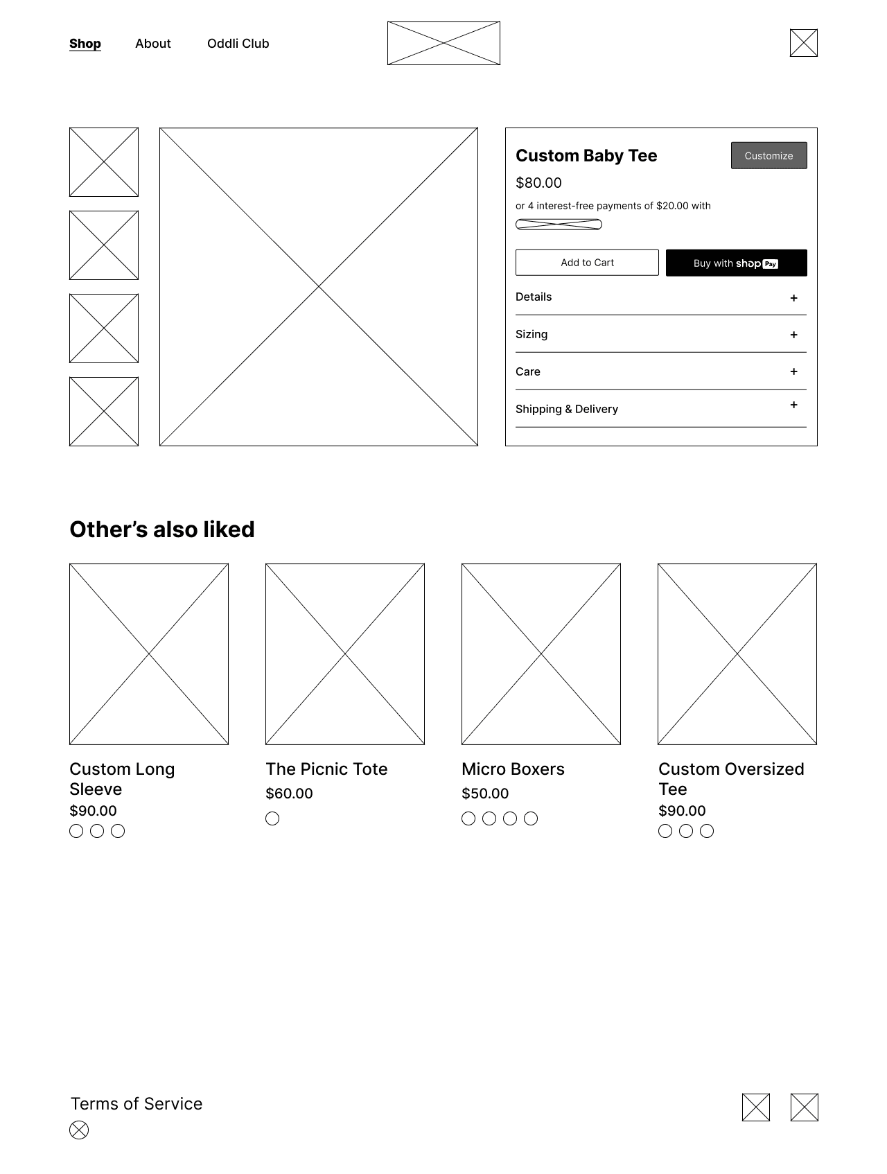 Low-fidelity wireframe of product page for Custom Baby Tee showing image gallery, price, purchase options, and related products below