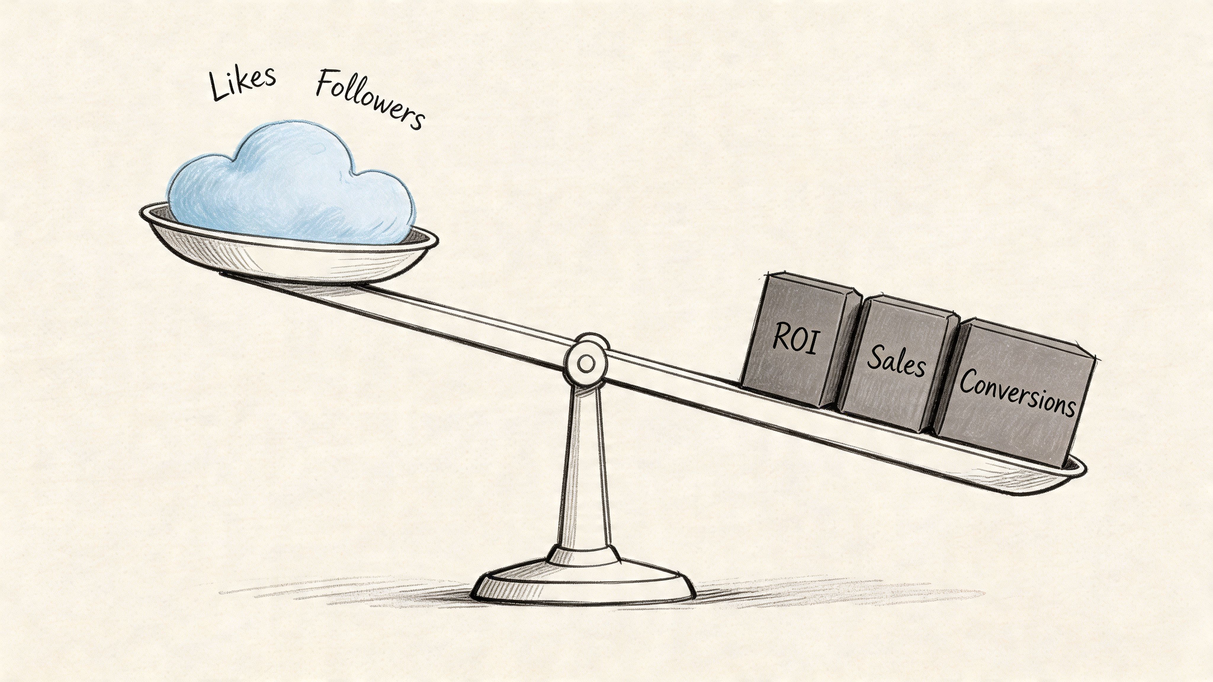 A conceptual scale balancing light, airy vanity metrics like likes and followers against heavy, concrete business results.
